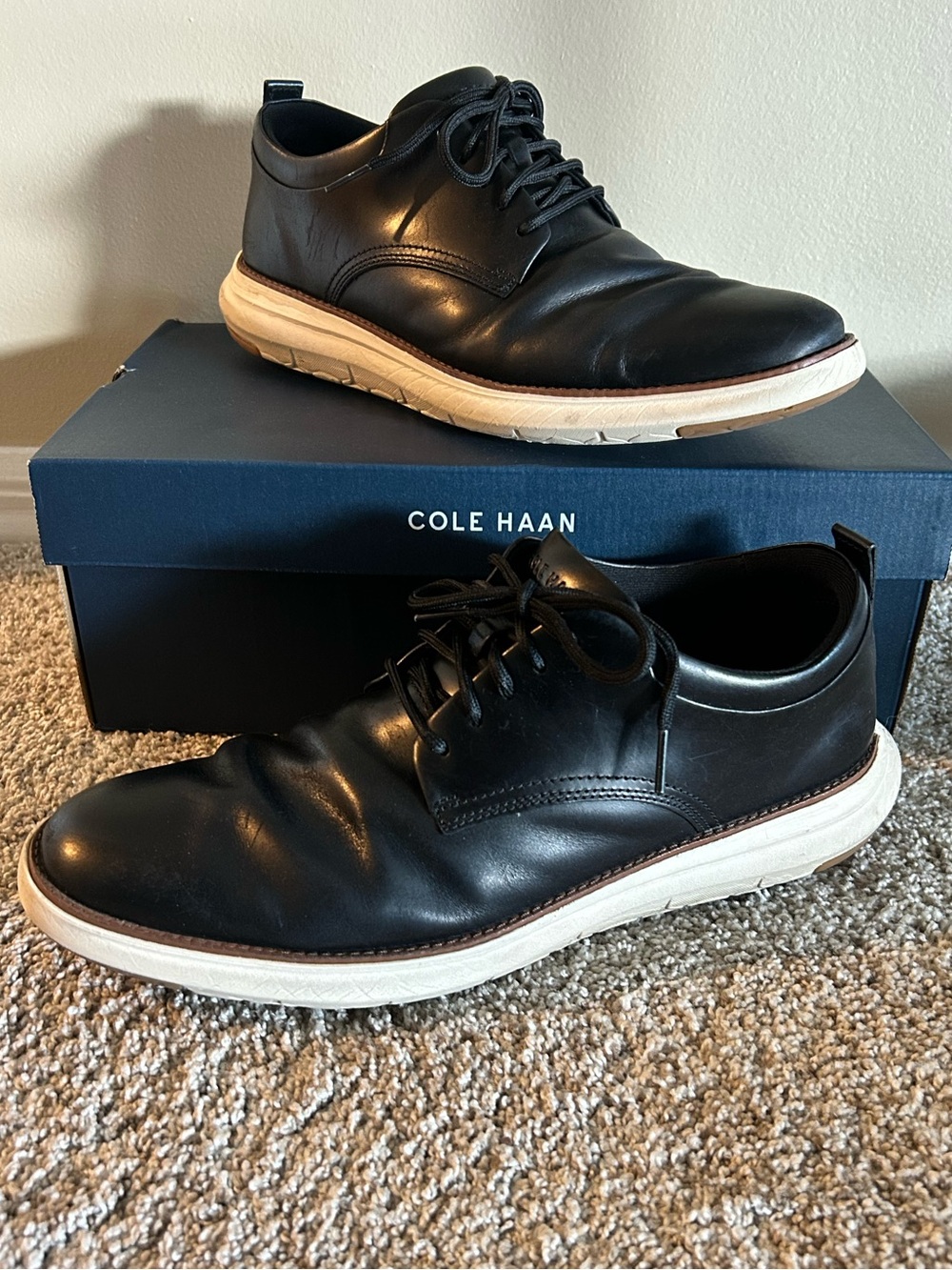Cole Haan Black Leather Lace-Up Oxfords with White Sole